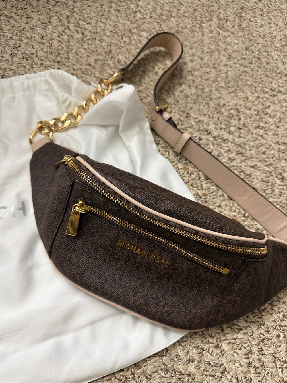 Michael Kors Brown Monogram Crossbody Belt Bag with Gold Hardware and pink Trim